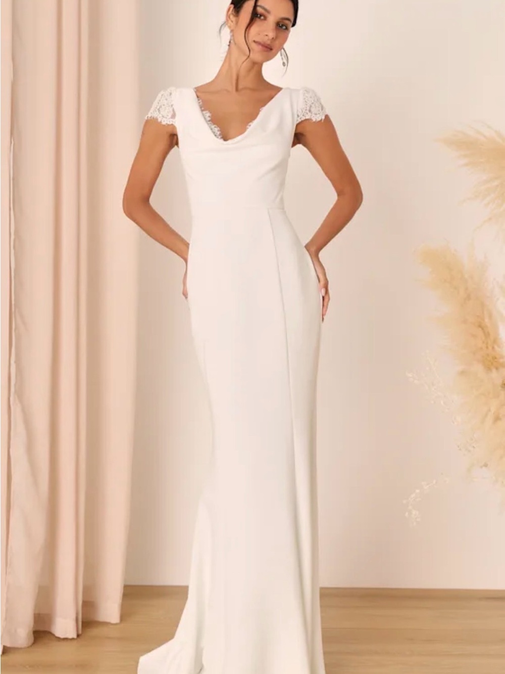 Lulu’s Forever Beloved White Lace Cap Sleeve Mermaid Maxi Dress